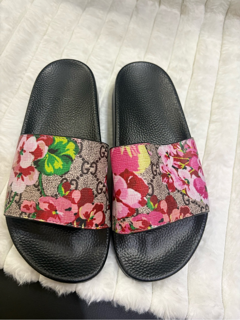 & Other Stories Black Slide Sandals with Pink & Green Floral Strap
